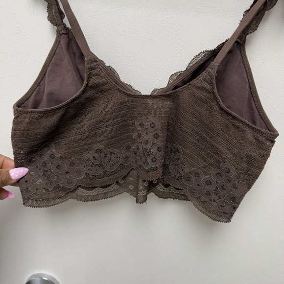 Aerie Brown Lace Bralette Adjustable Straps Wireless Floral Semi-Sheer Size S - Picture 2 of 4